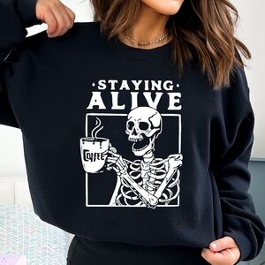 Stock & Belle "Staying Alive" Skeleton Coffee Graphic Crewneck Sweatshirt Black